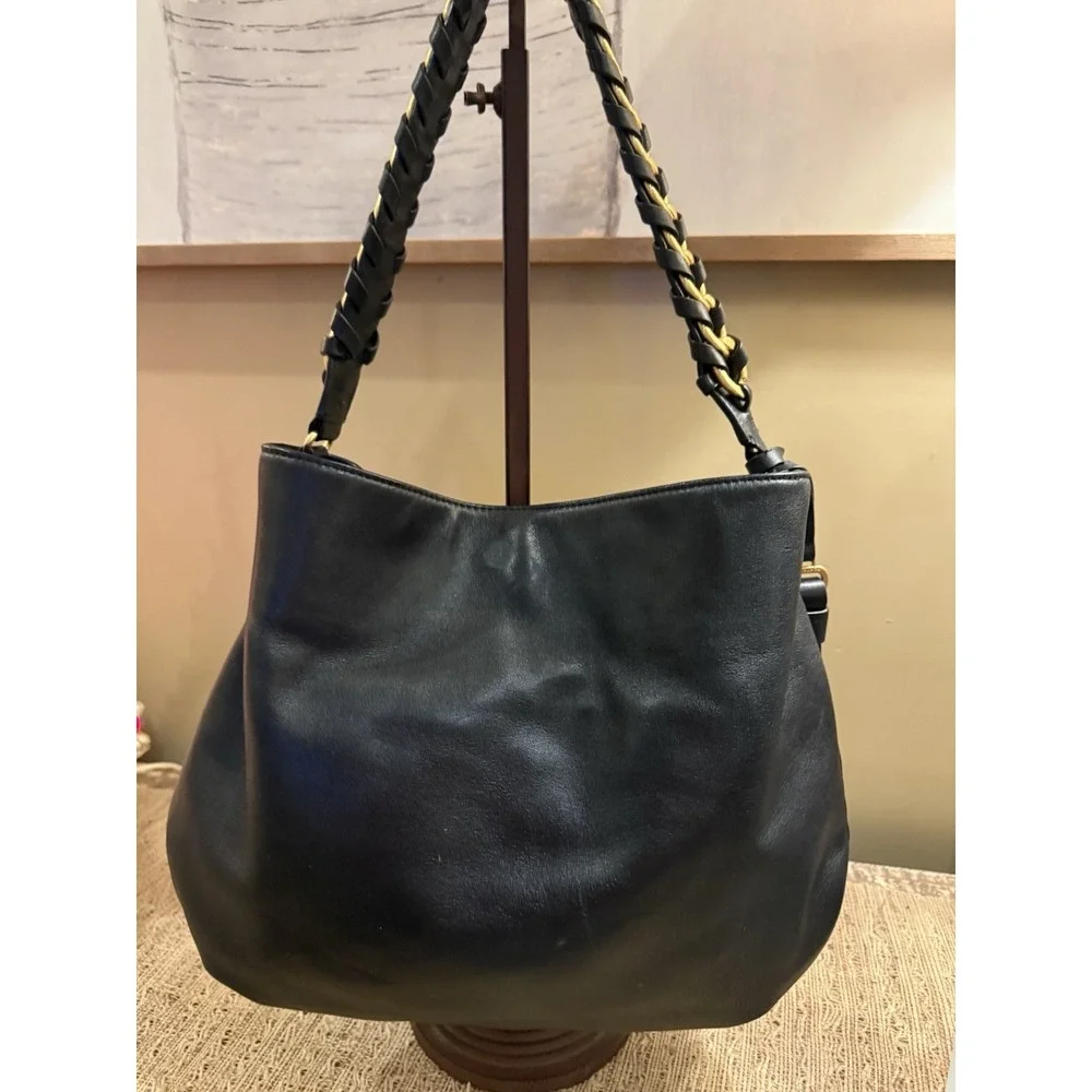 Tory Burch Brooke Minimalist Hobo‎ Bag Black Leather Gold Braided Handle 598$